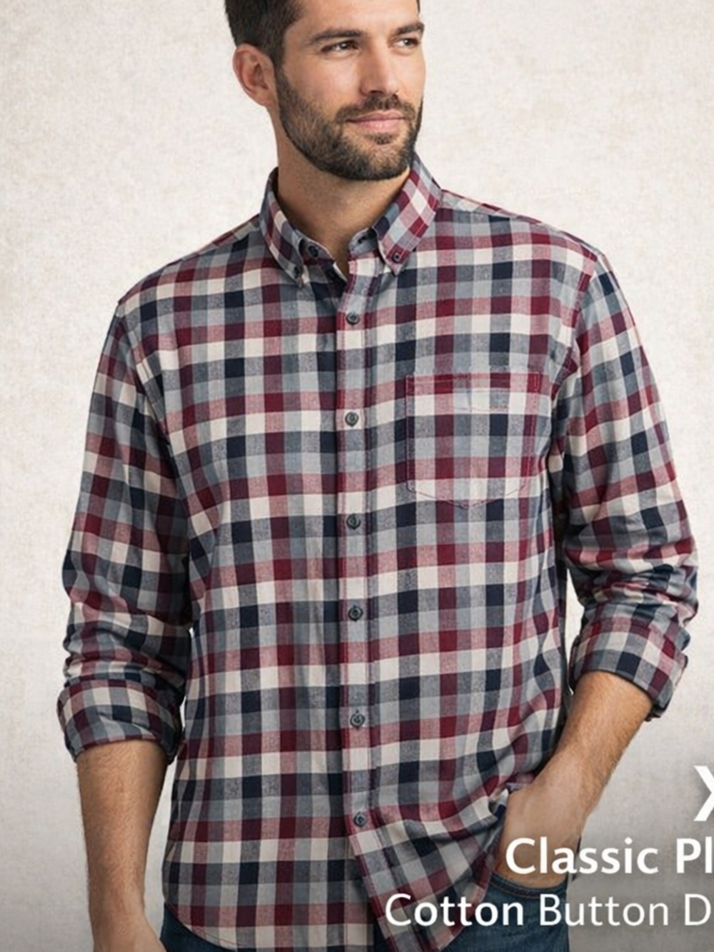 Haggar Plaid Button Down Shirt XL Burgundy Gray Cotton Long Sleeve